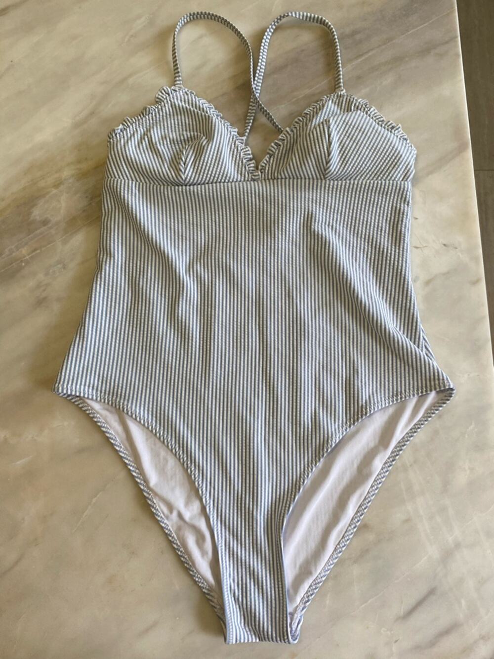 h&m seersucker ruffle Striped One-Piece Swimsuit in Light Blue and White sz med